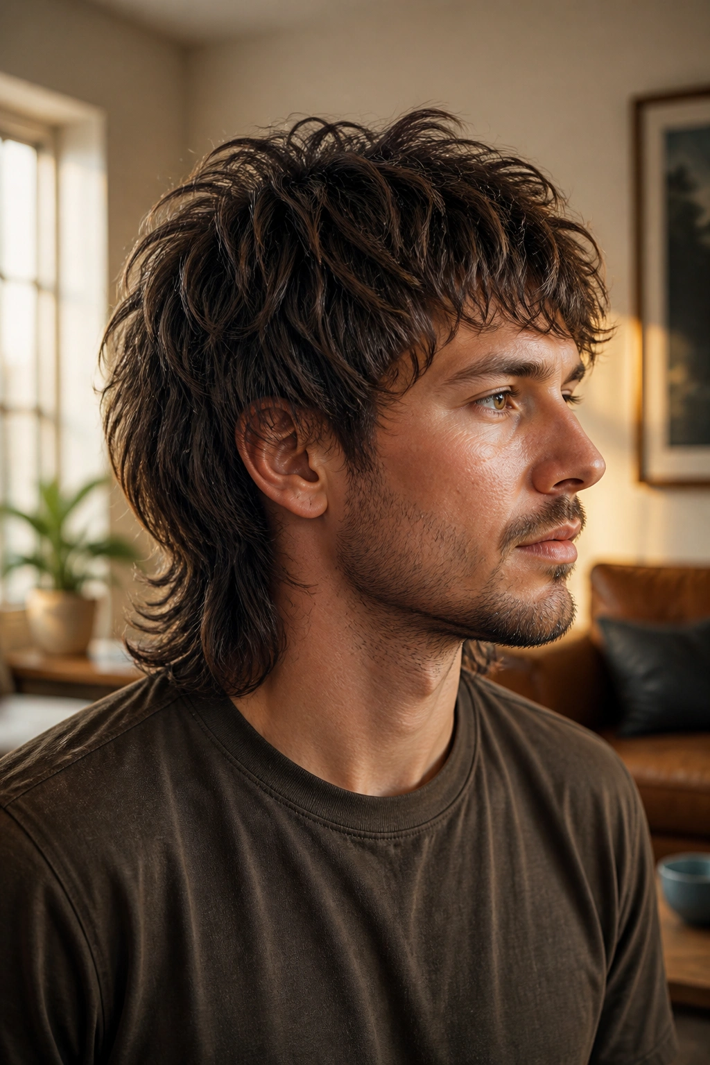 Close-up of a man with a thick hair mullet showing heavy internal layering