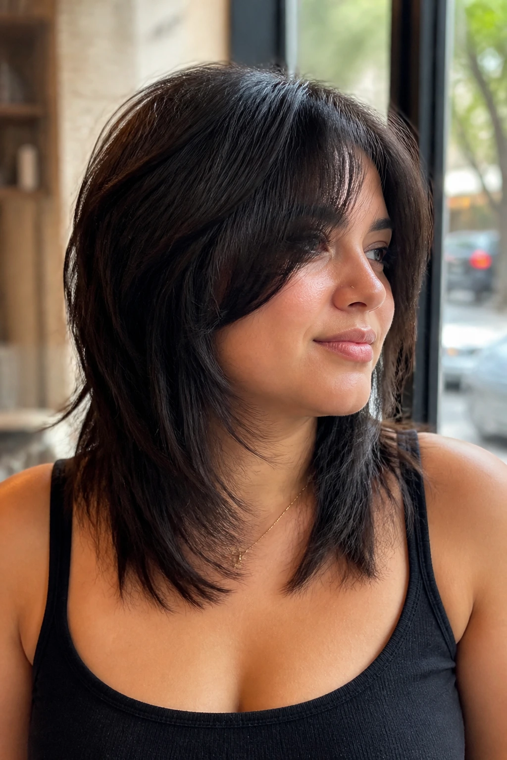 Close-up of a real woman with heavy-layered shag and longer sides framing the cheeks.