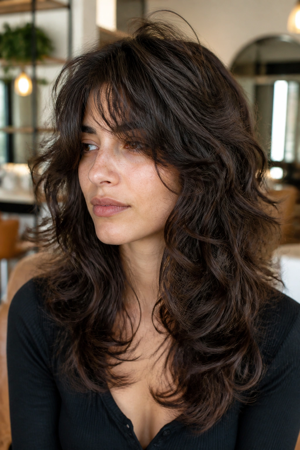 Close-up of a real person with thick waves and heavy layering