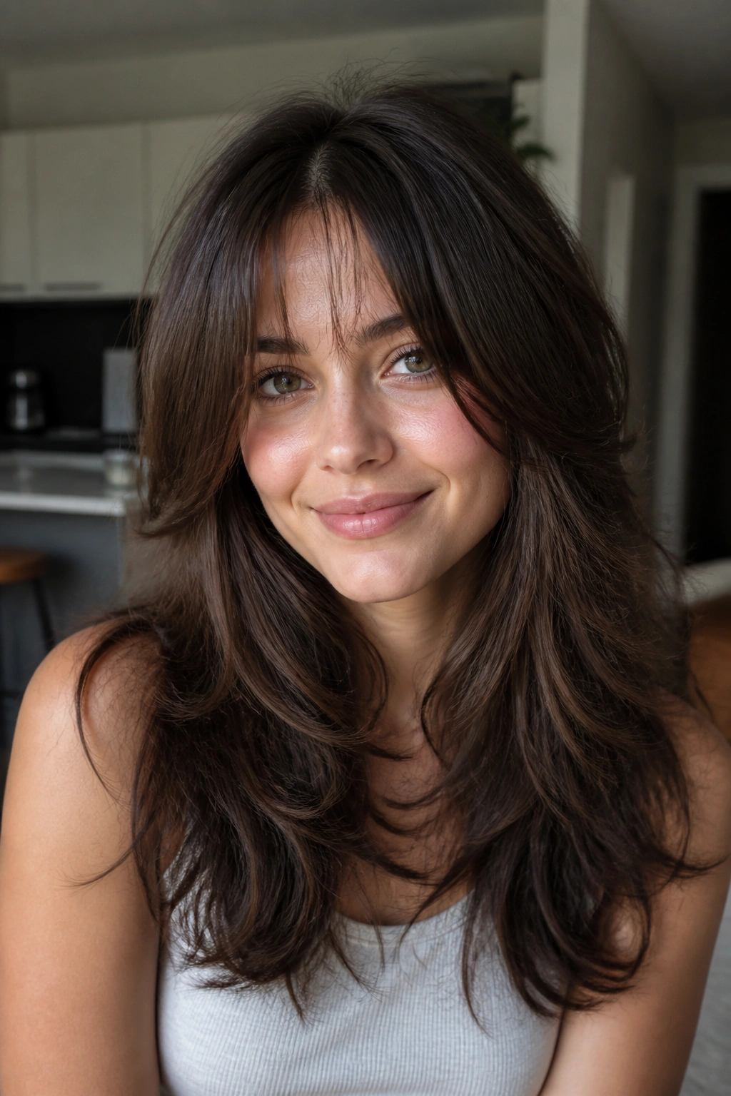 Real-person portrait showing heavy layered hair with sparse center bangs in a bright kitchen
