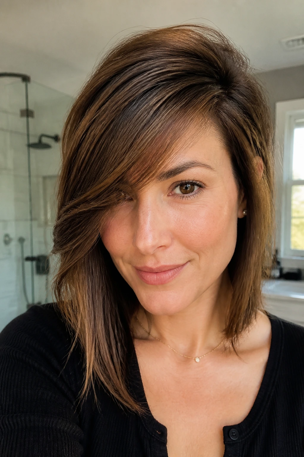 Real woman with heavy side bangs and root lift.