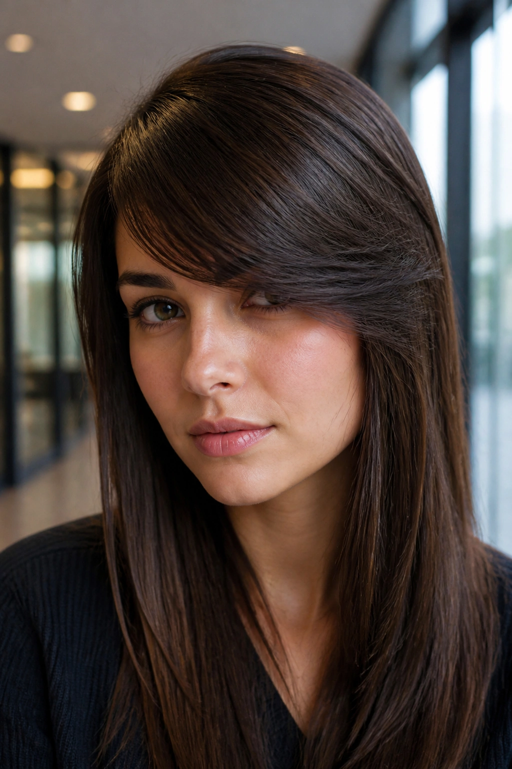 Close-up of a real woman with heavy side fringe and sleek length