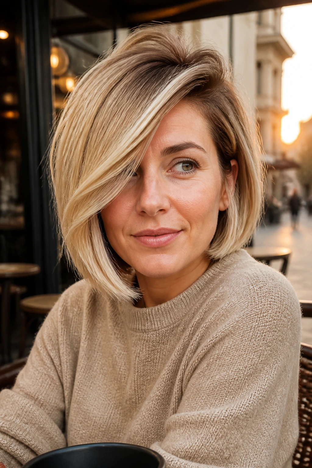 Close-up of a woman with a heavy side-swept bob and lifted roots