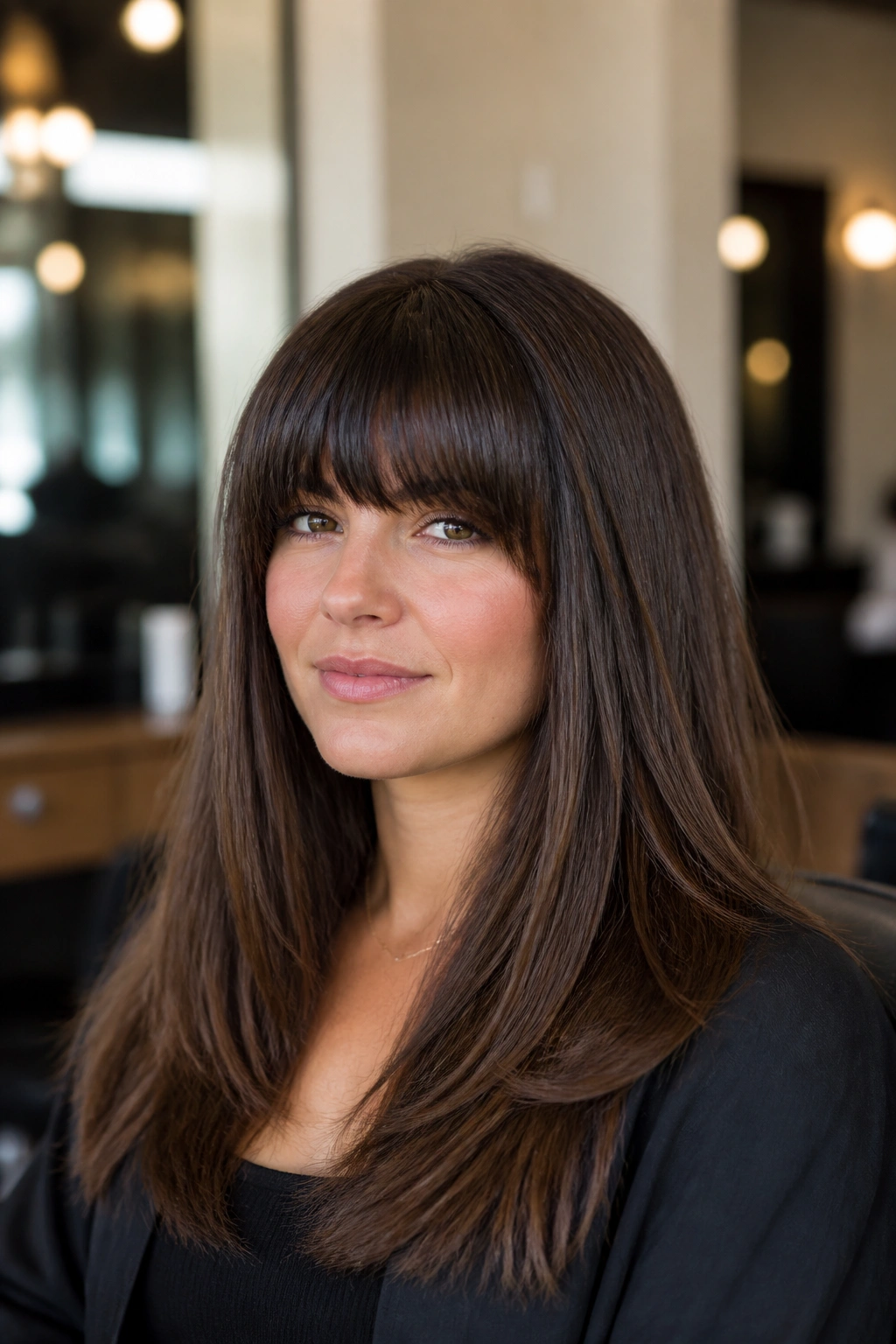 Close-up portrait of a real woman with heavy straight bangs