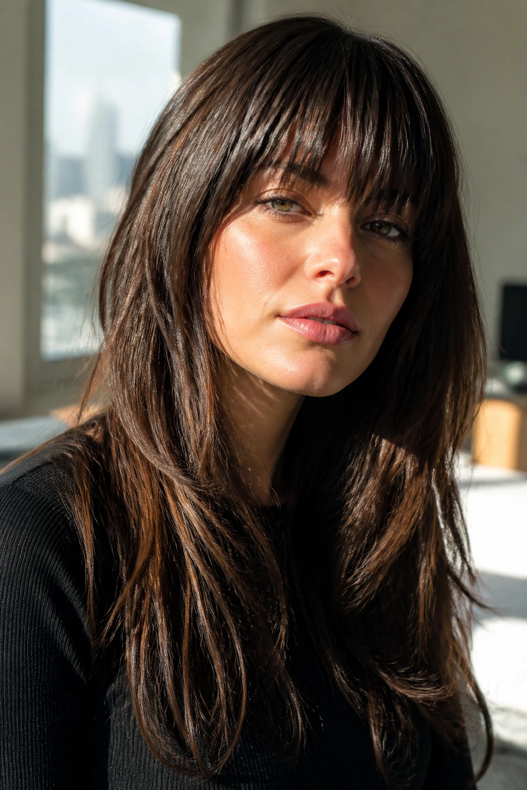 Close-up portrait of a real woman with heavy straight fringe and long layers.