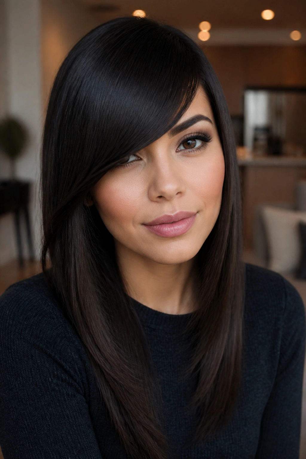 Close-up portrait of a real woman with heavy swoop bangs on straight hair