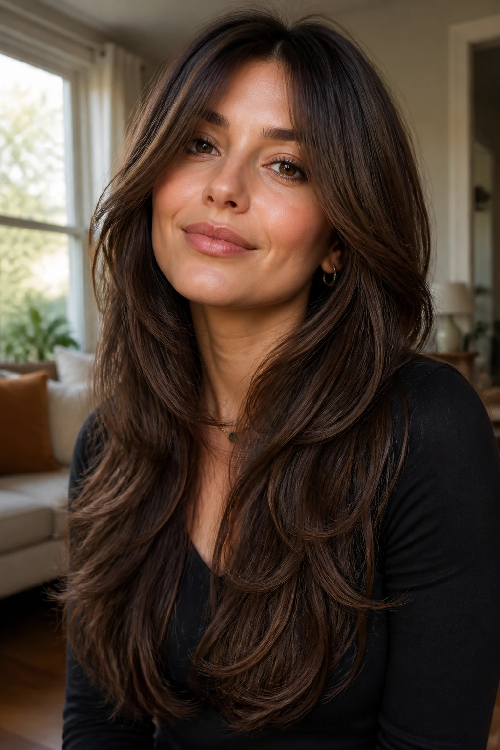 Close-up portrait of a real woman with long brown hair showing heavy texture and polished finish