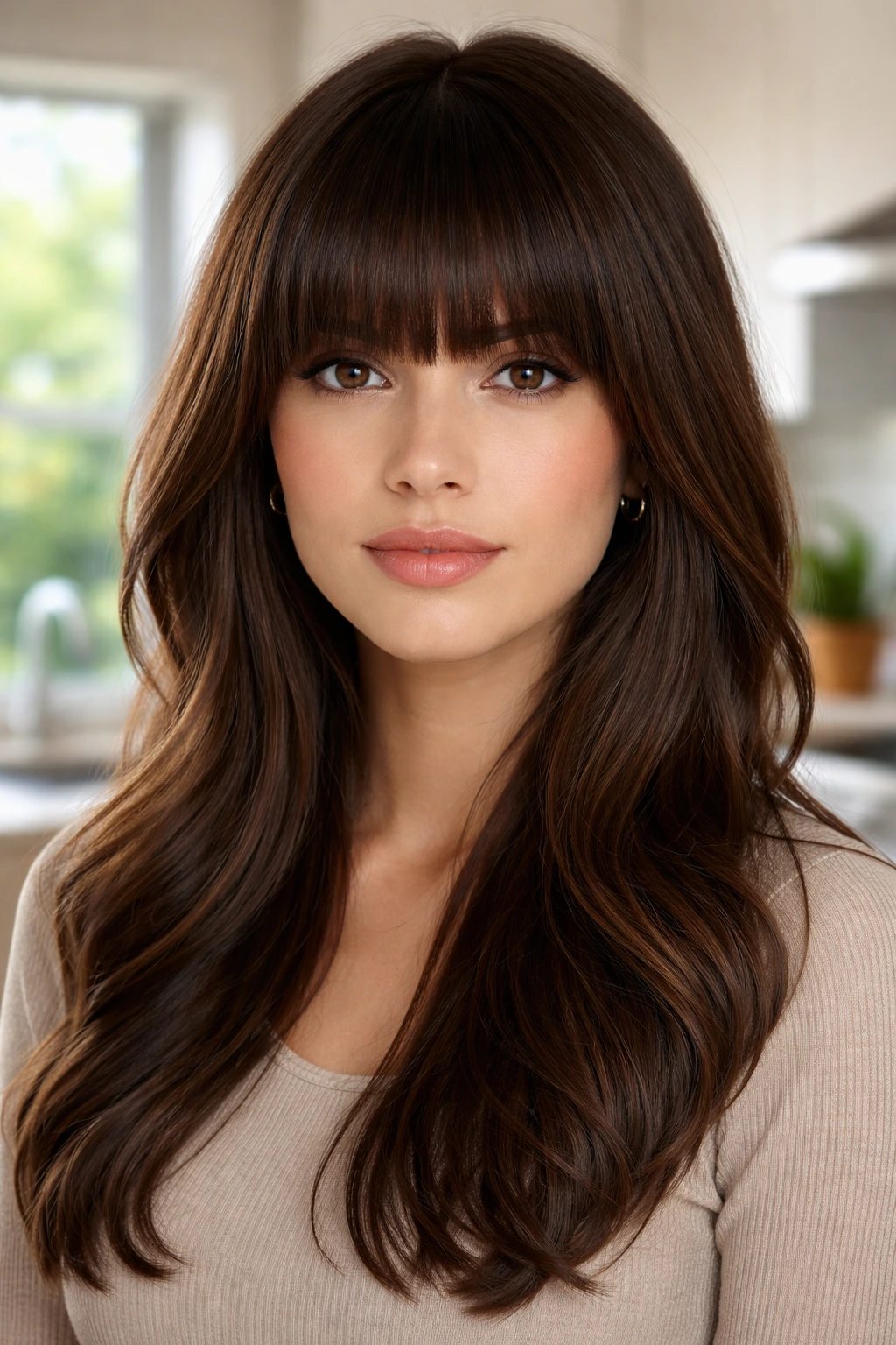 Close-up of a real woman with heavy thick bangs in a bright kitchen