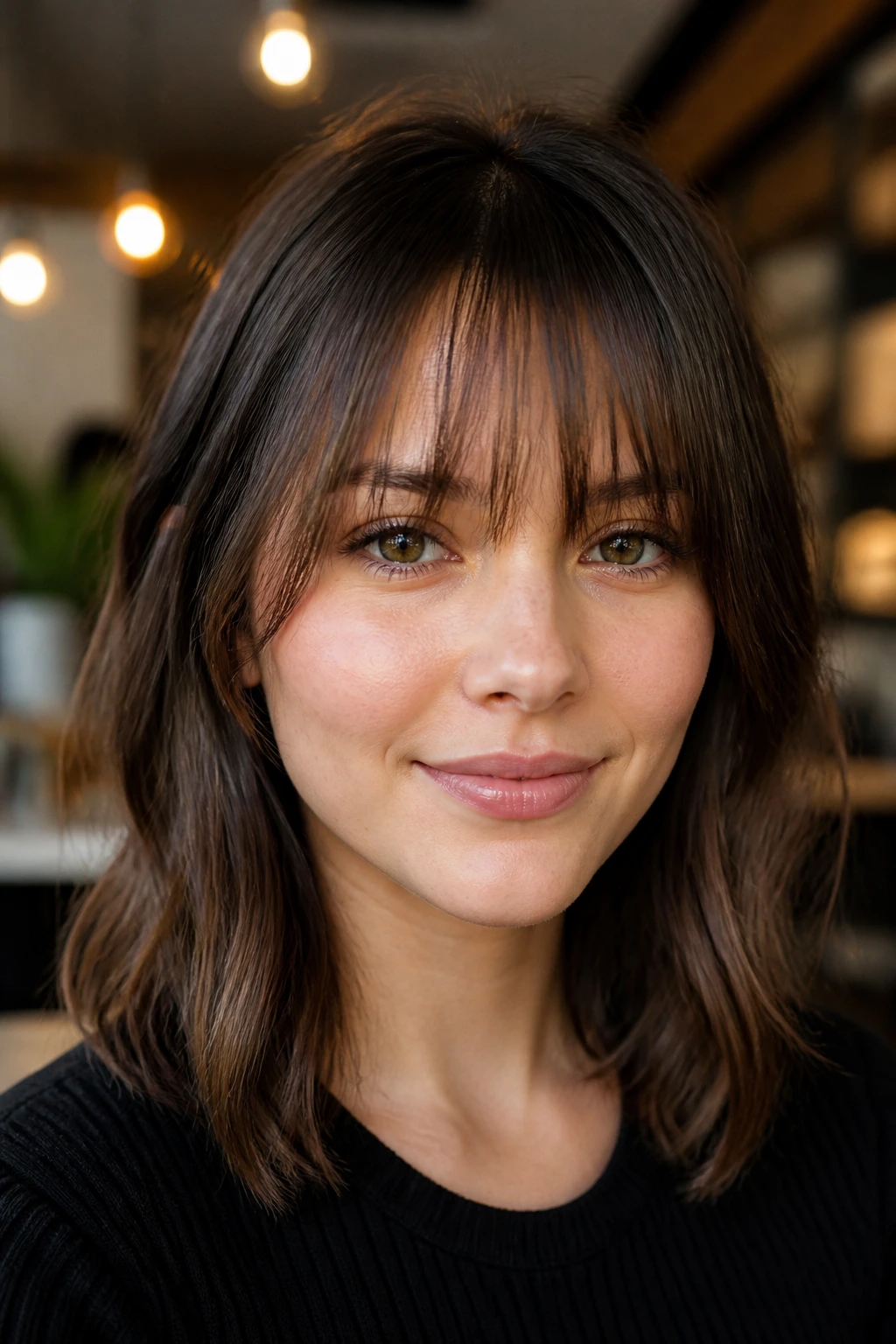 Close-up of a real woman's forehead with dense roots and light ends fringe