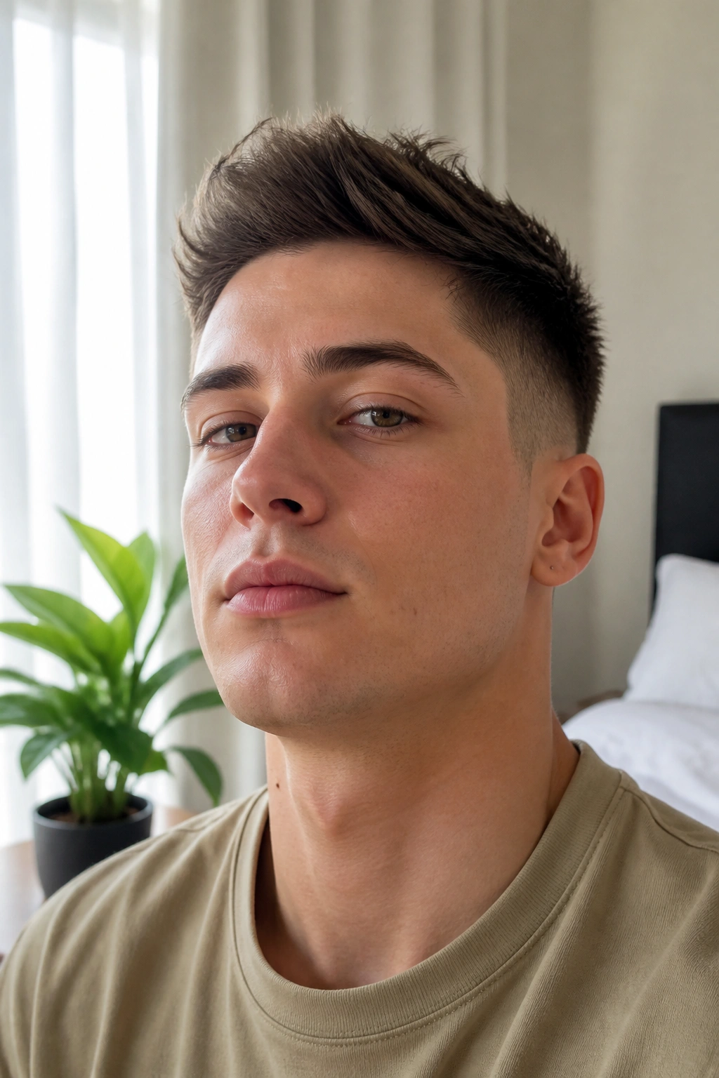 Close-up portrait of a real person with a height-boosting pixie hairstyle in daylight