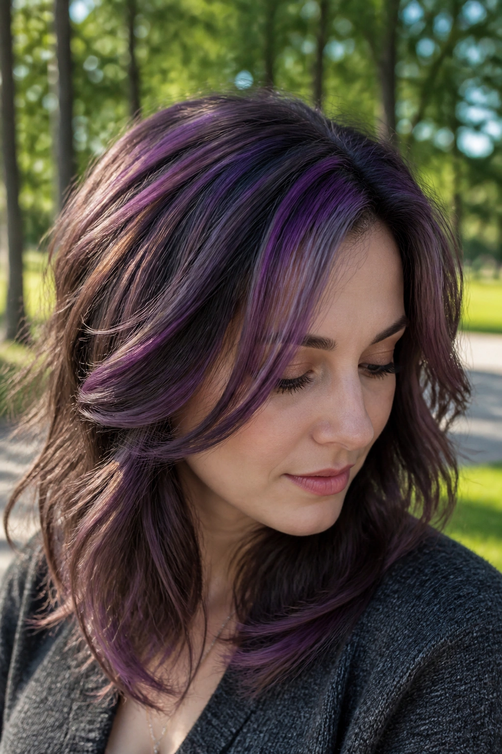 Close-up portrait of a woman with heliotrope highlights in hair