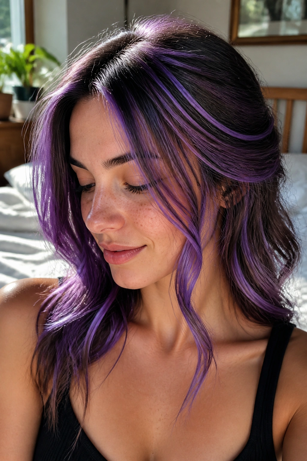 Close-up portrait of a woman with heliotrope violet ribbons woven into front and crown hair