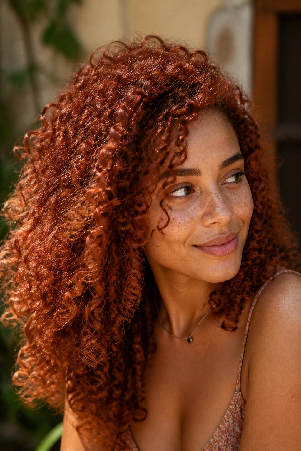 Close-up portrait of a real woman with henna-inspired earthy ginger curls.