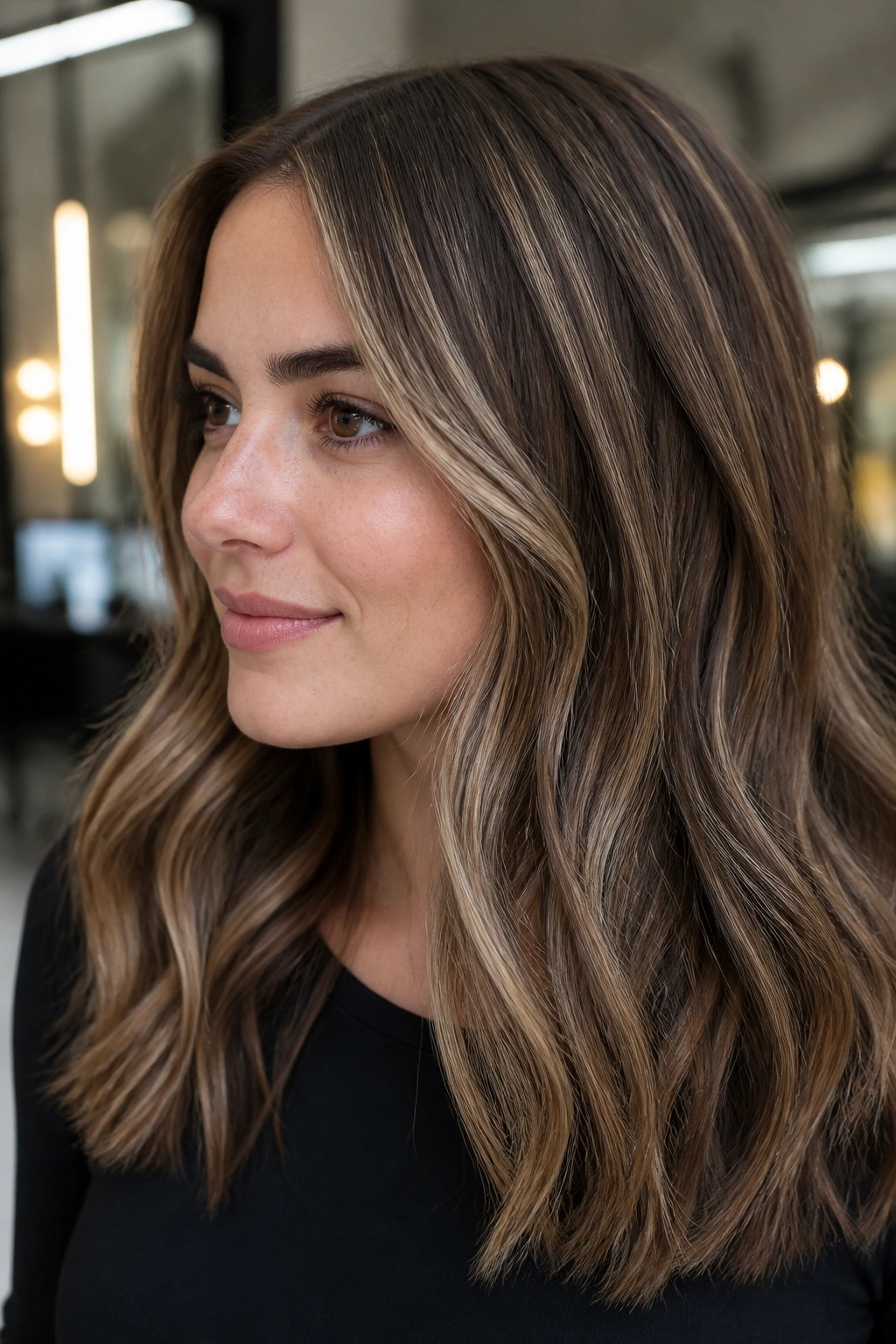 Close-up of herringbone highlights on medium brown hair in a salon setting