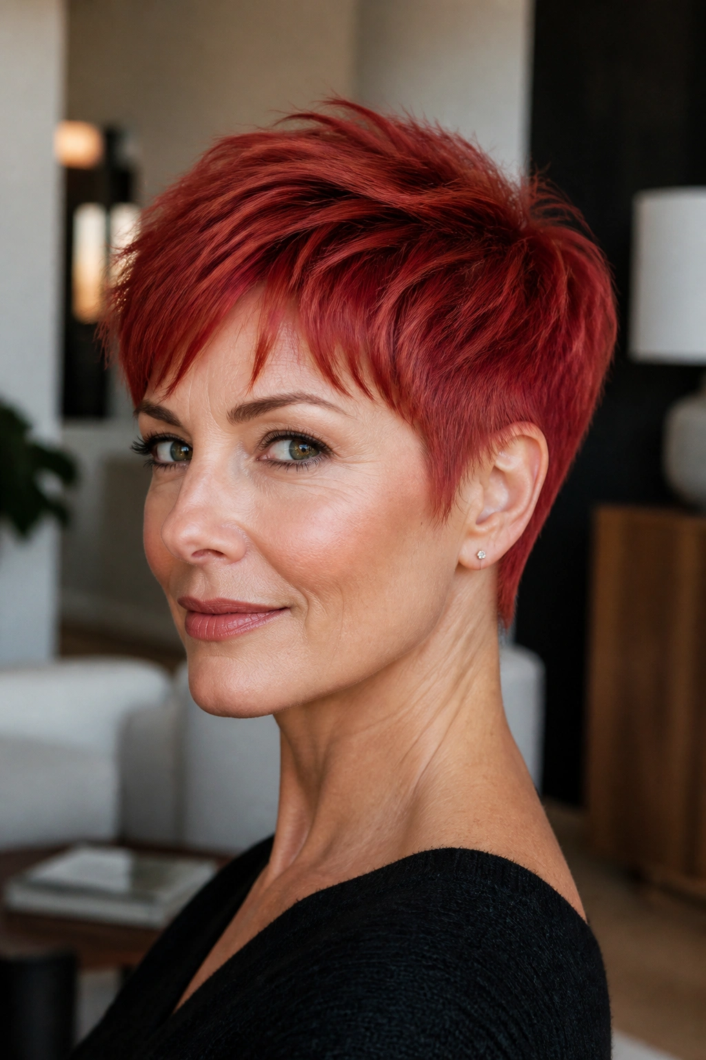 Close-up portrait of a real woman with hibiscus red pixie crop under natural indoor light