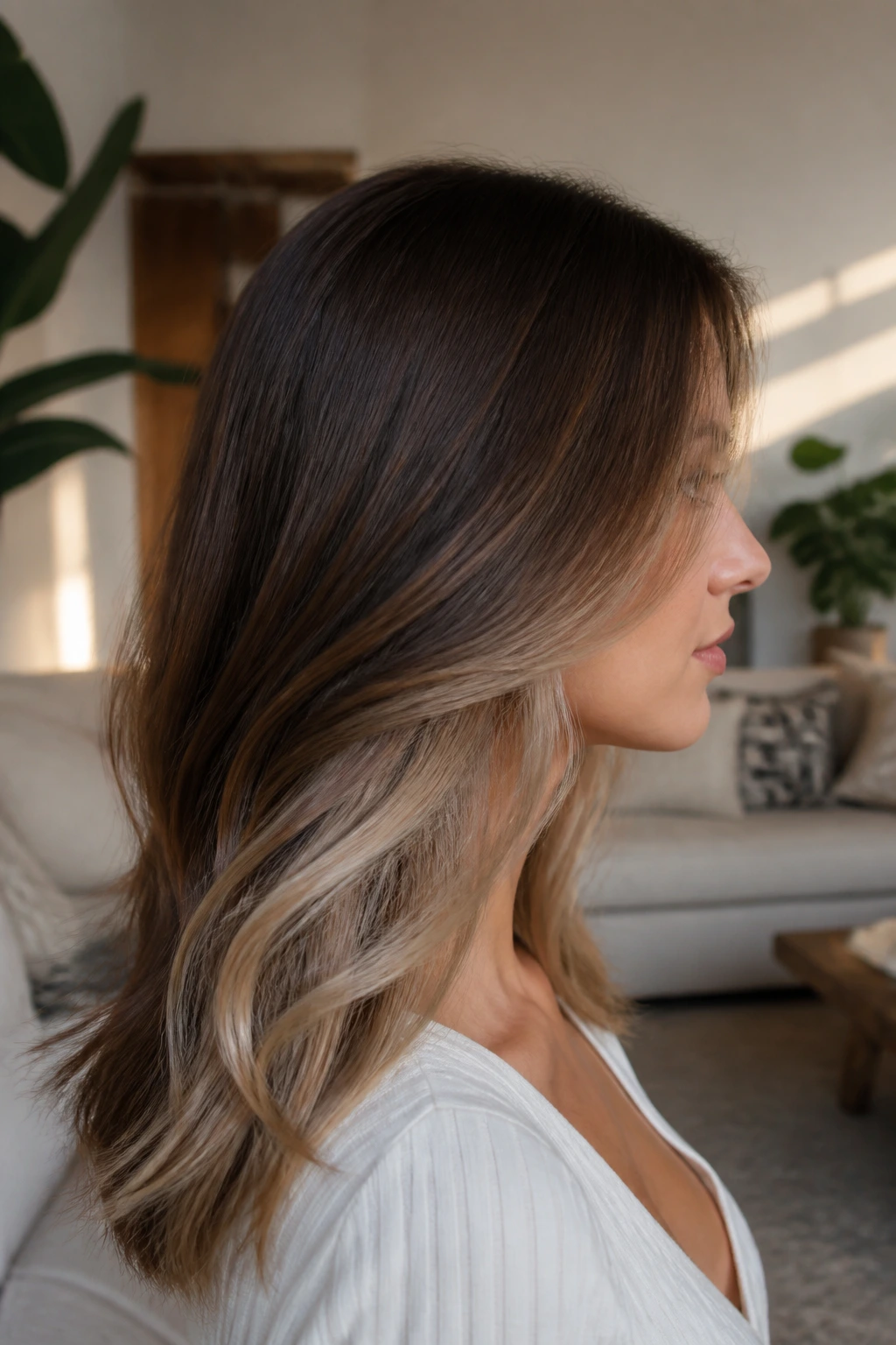 Side-profile of a real woman with hidden beige panels under brown hair