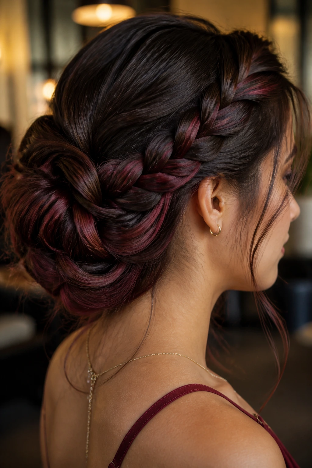 Portrait showing hidden burgundy layers in braids and updos