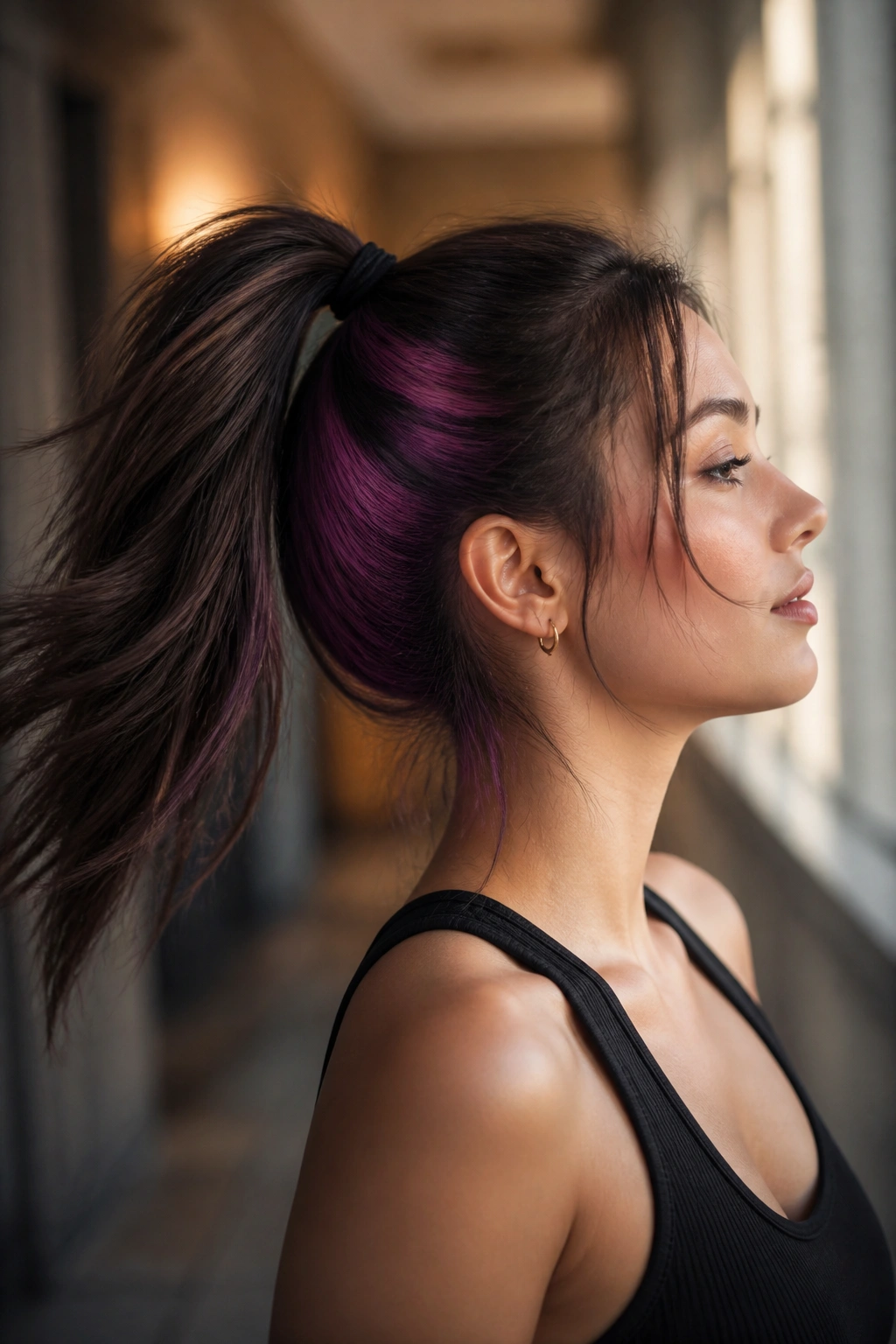 Close-up of a real woman with a high ponytail and hidden base color