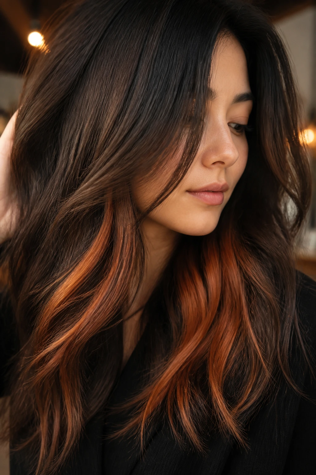 Close-up portrait of a real person showing hidden copper peekaboo underlayers