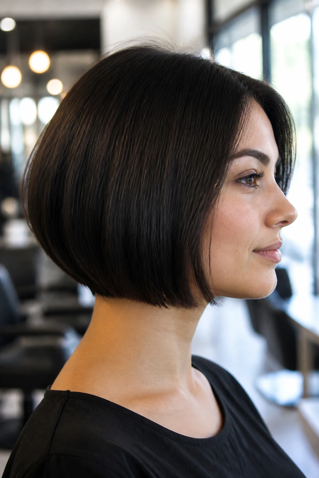 Close-up portrait of a real woman with hidden graduation in a blunt outer edge bob