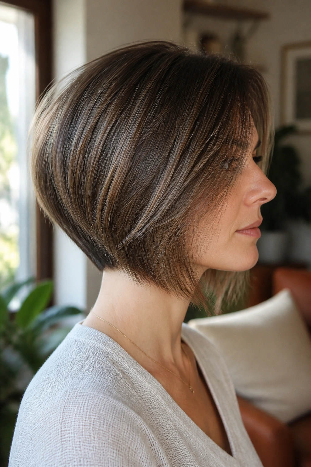 Close-up portrait of a real woman with an inverted bob and hidden internal layers
