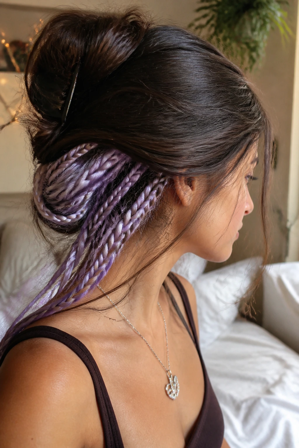 Close-up of hidden lavender braids peeking from under the top layer on brown hair