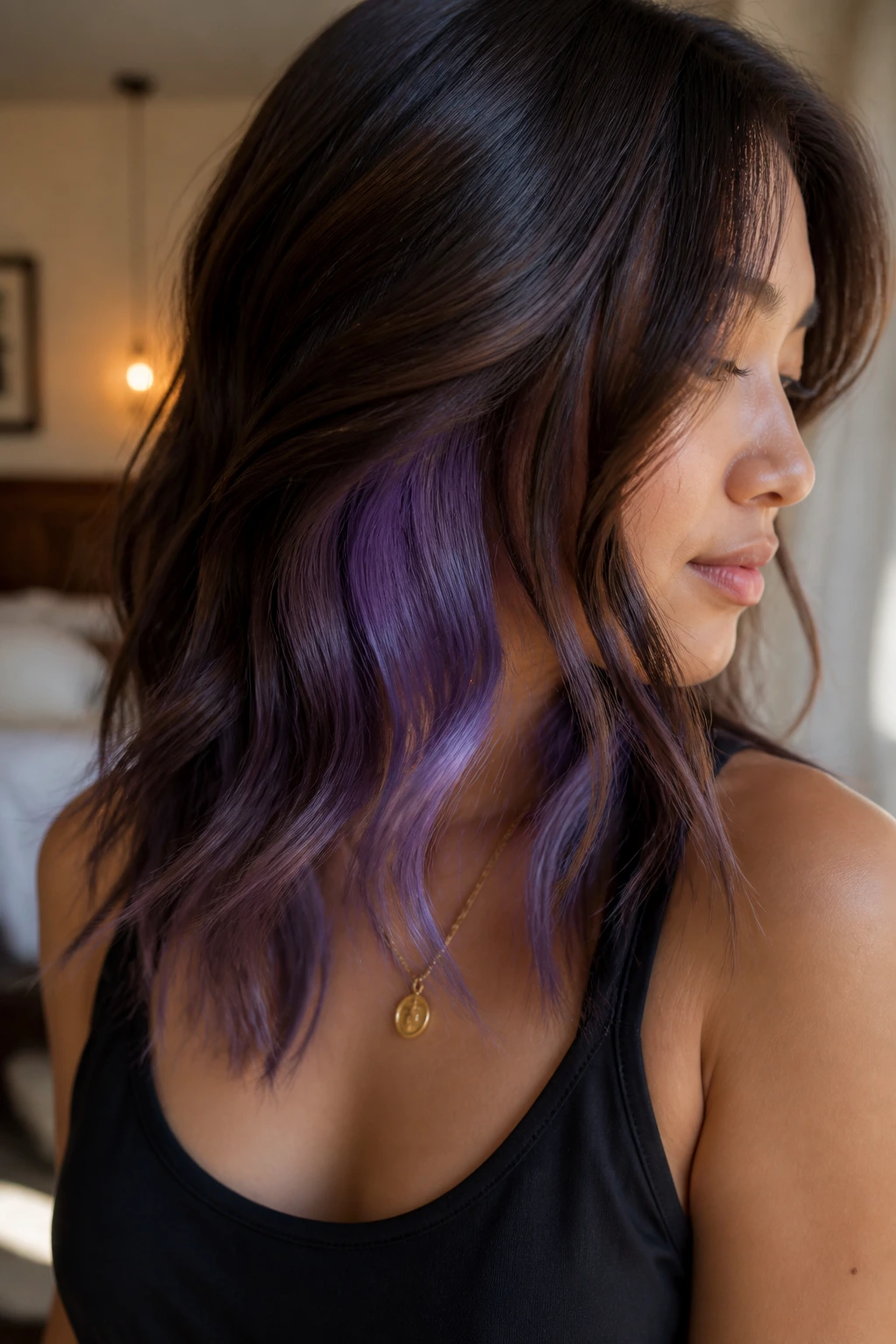 Close-up of hidden lavender underlights under brown hair in side profile