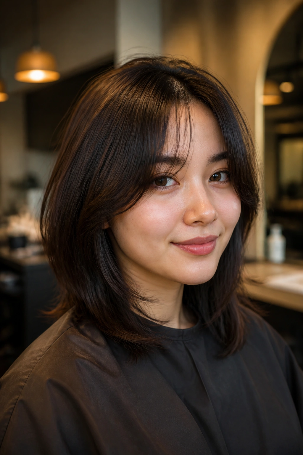 Close-up of a real woman with hidden-layer bangs blending into layers