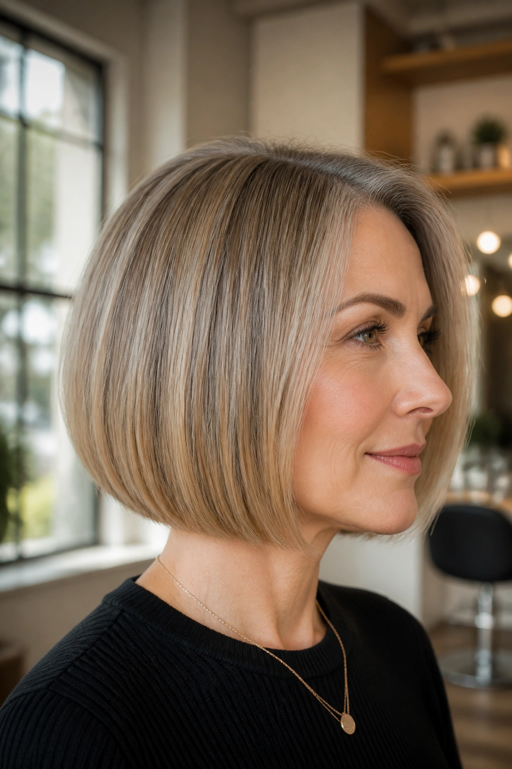 Close-up portrait of a real woman with Hidden-Layer Blunt Bob in a styling studio