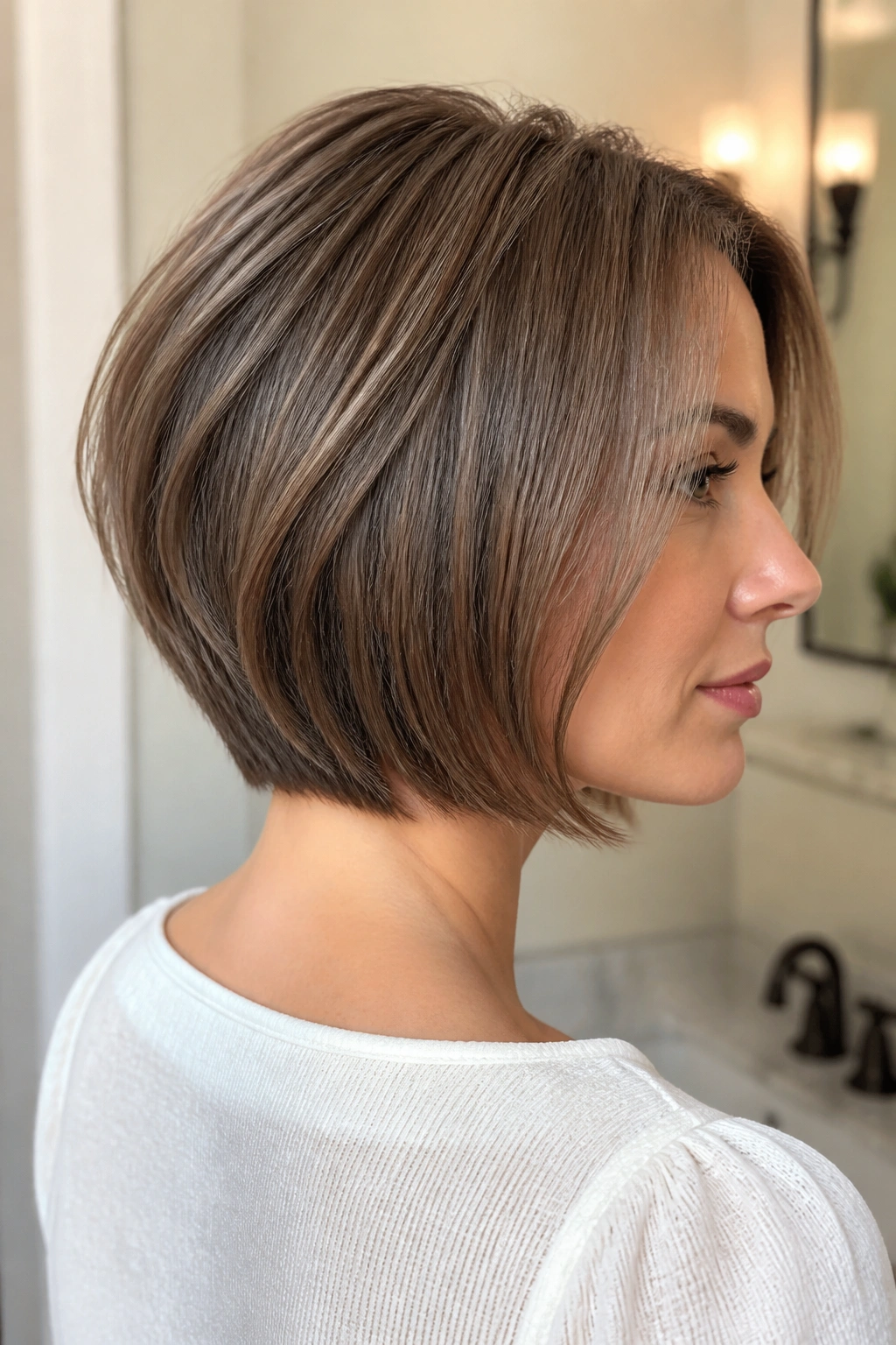Close-up of real woman with hidden layer bob showing crown lift