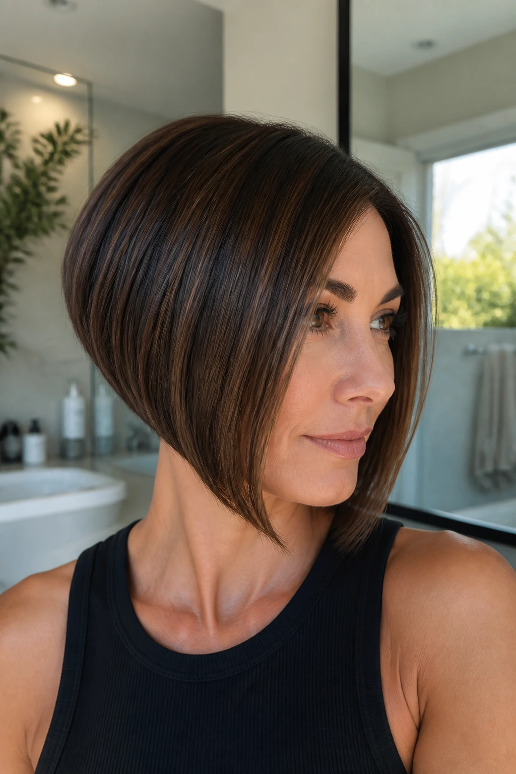 Close-up of real woman with hidden-layer bob outer solid edge