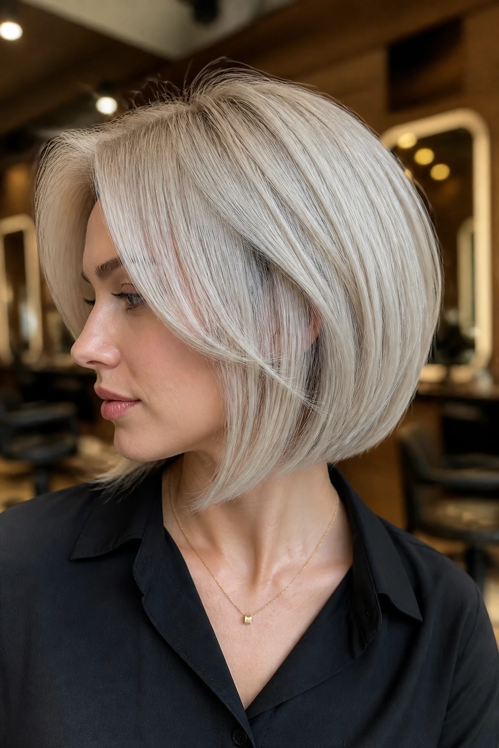Close-up profile of a real woman with a platinum hidden-layer bob
