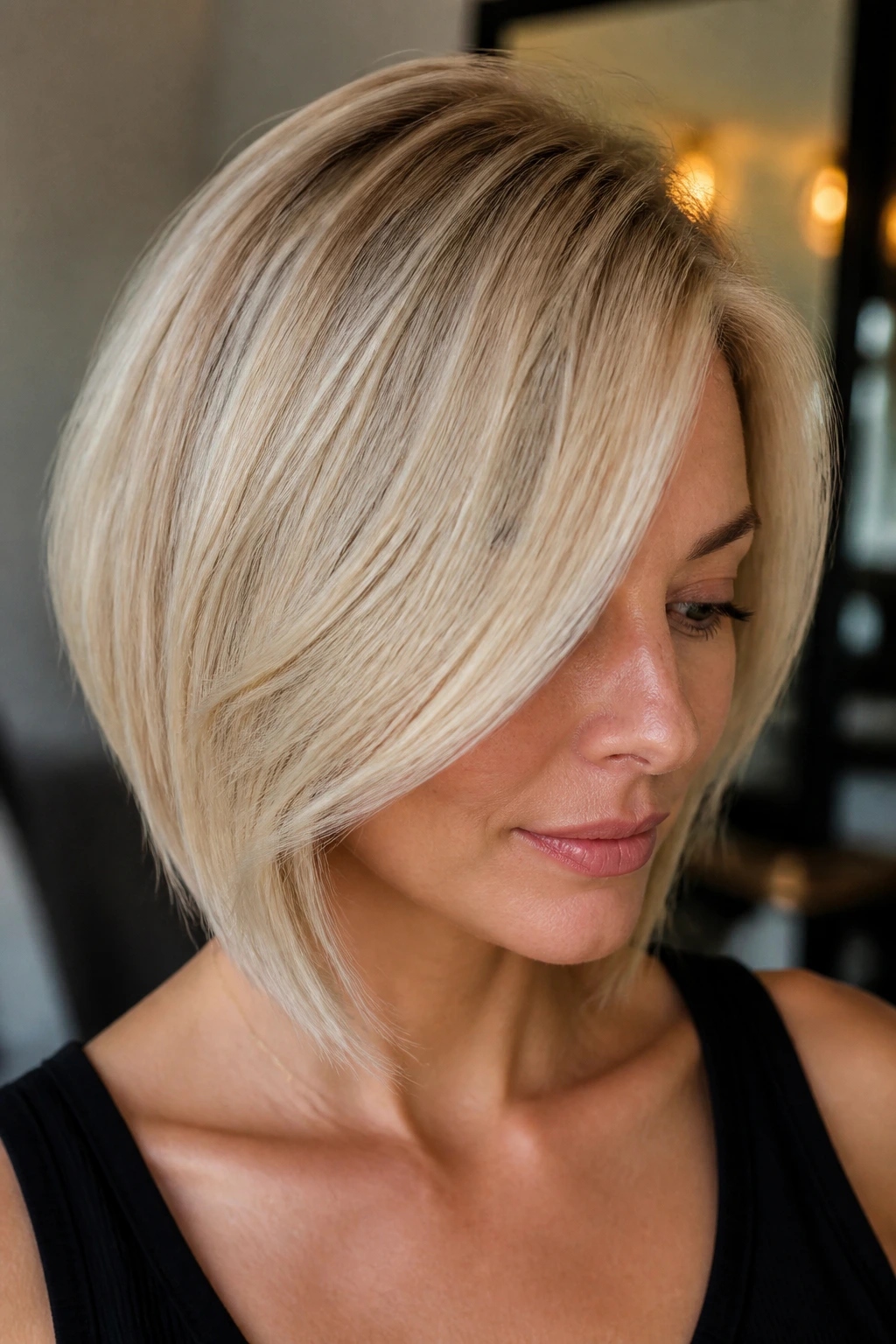 Close-up of a woman with a hidden-layer bob in vanilla blonde