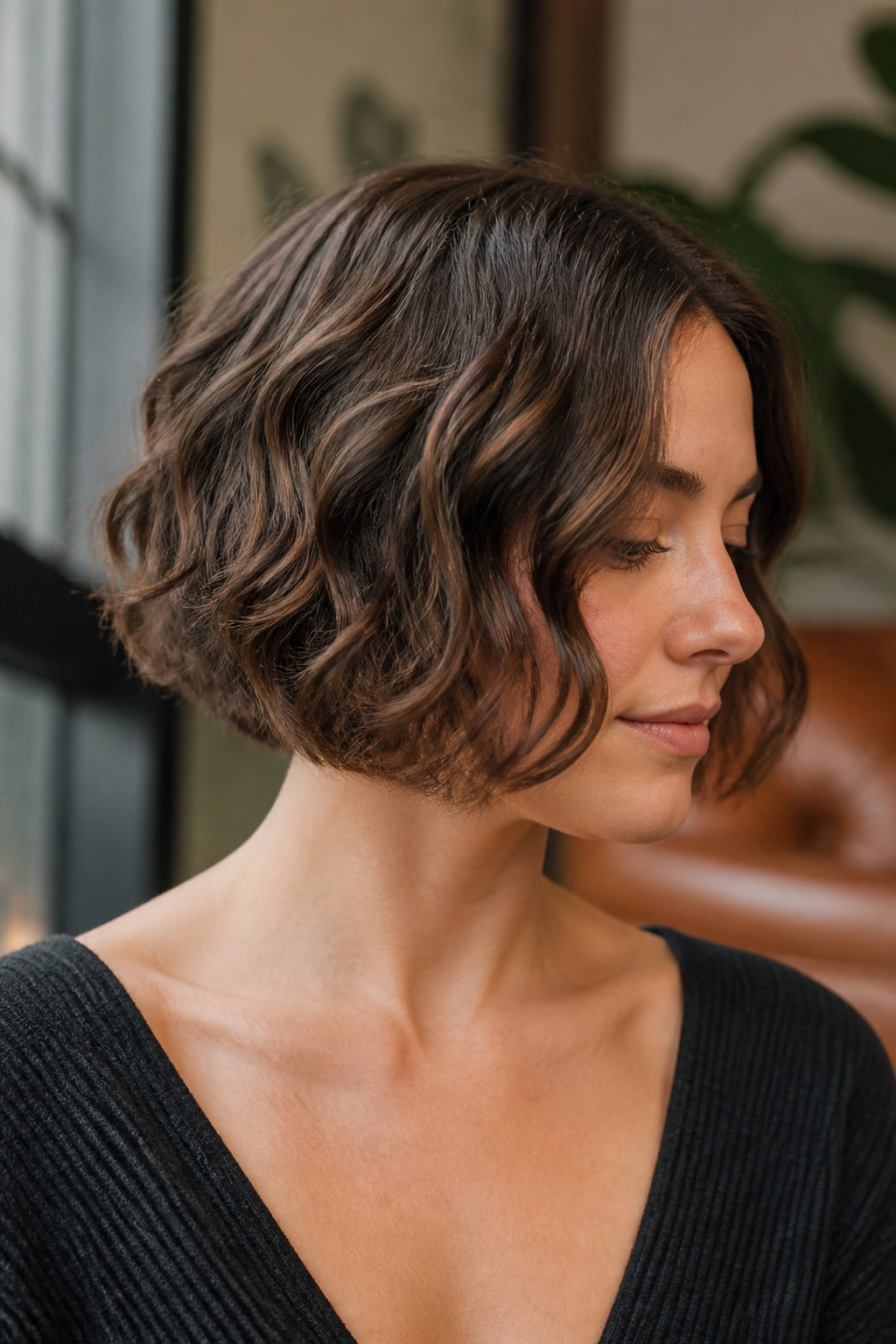 Portrait of a real woman with hidden-layer bob for wavy hair, showing clean outer shell and subtle inner layers.