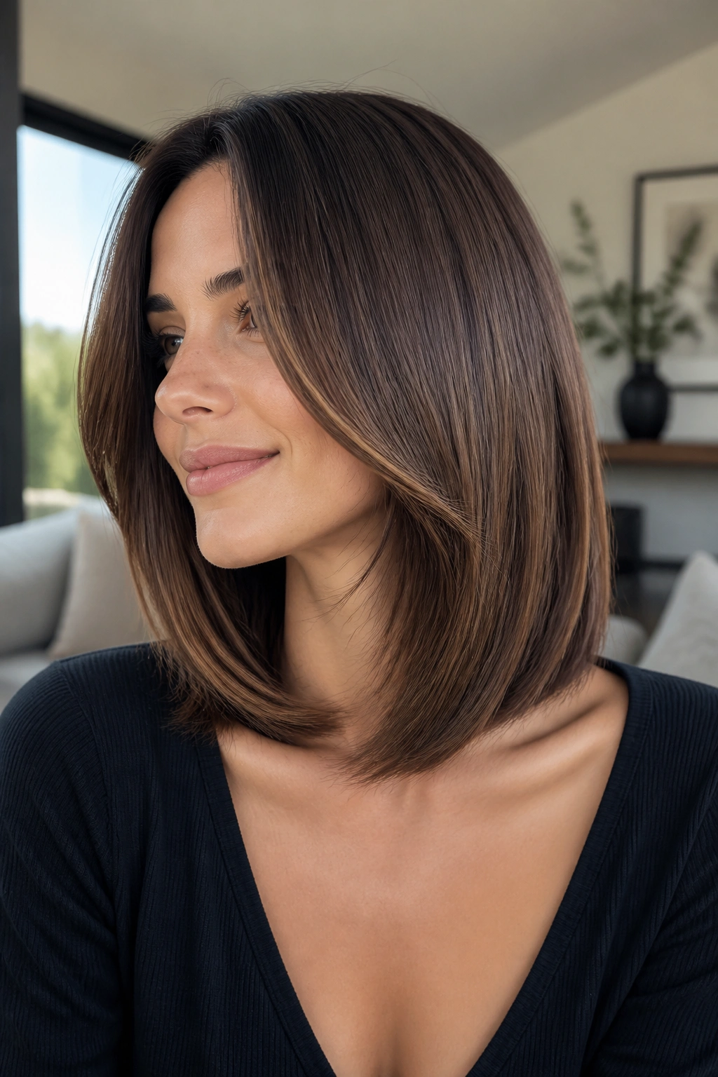 Close-up of a real woman with a hidden-layer lob showing smooth outer edge and subtle interior layers.