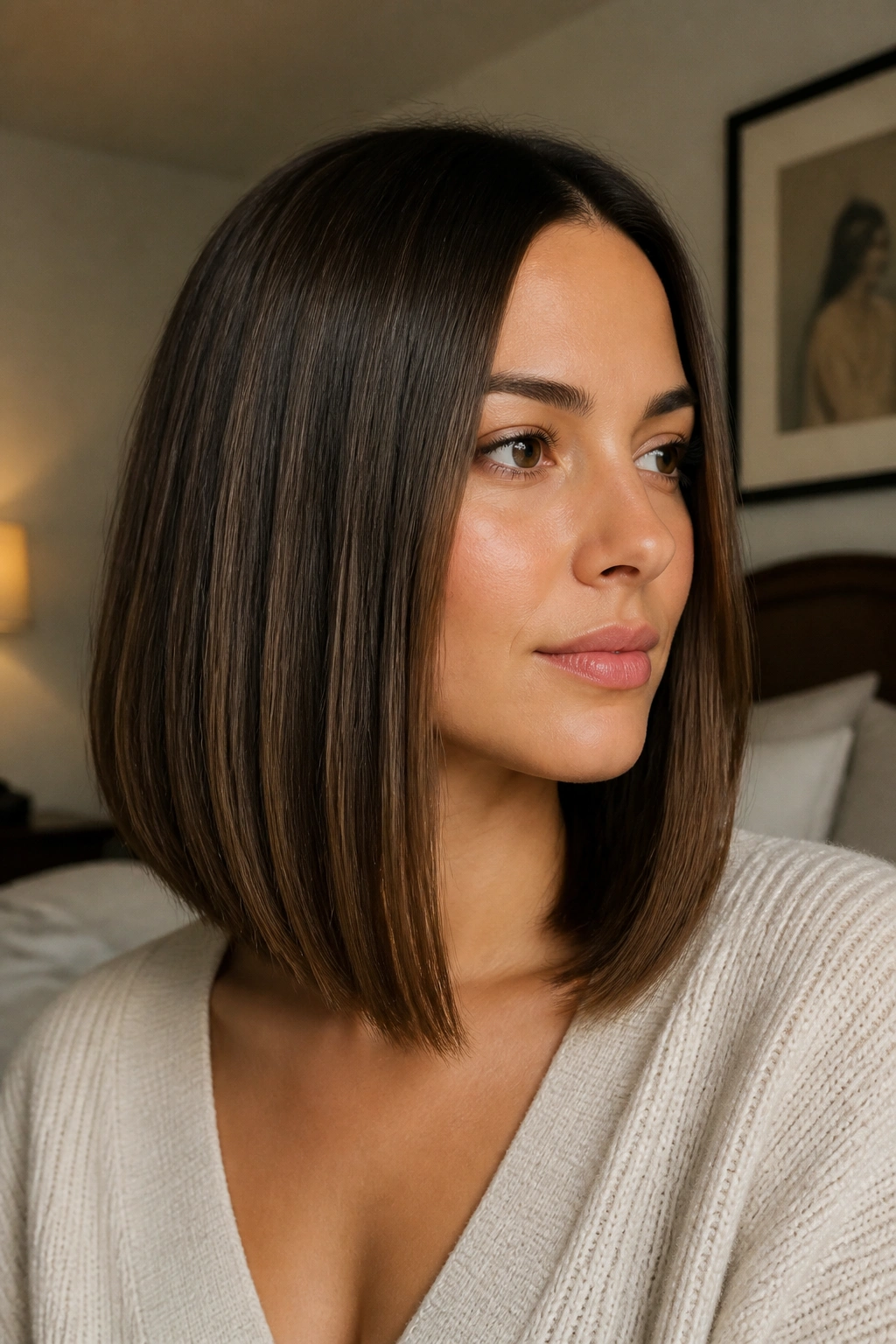 Close-up of a real woman with a hidden-layer lob and smooth surface