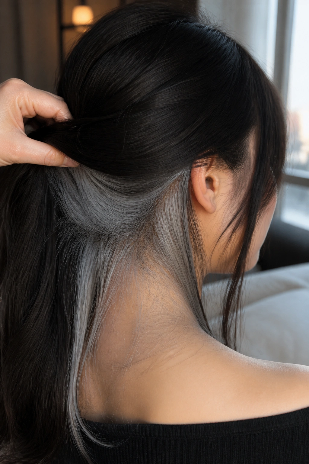 Close-up of a real woman with long black hair showing hidden silver at the nape