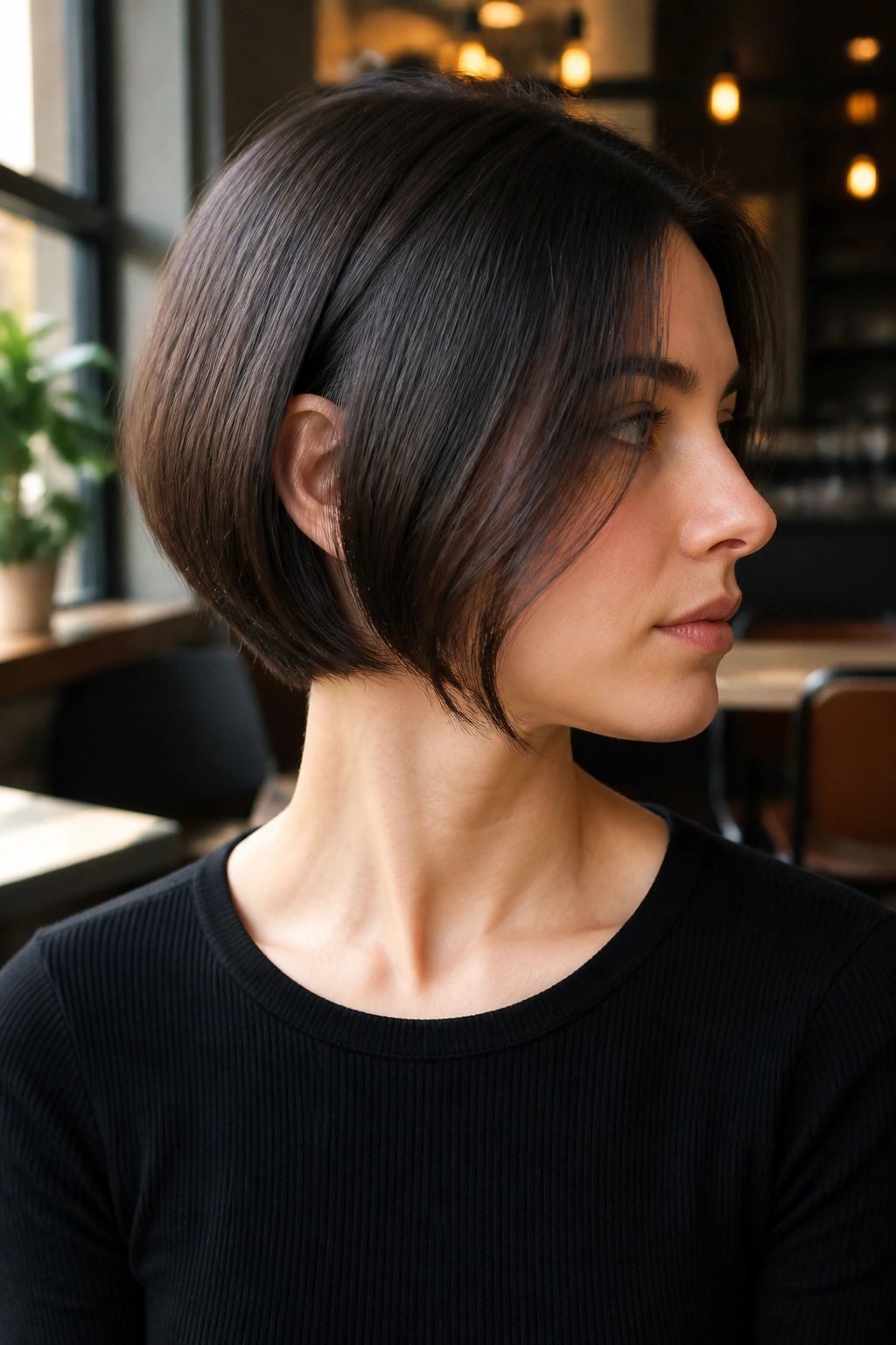 Close-up portrait of a woman with hidden nape undercut bob