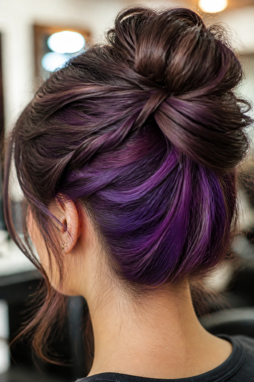 Close-up of hidden purple layers under crown visible in braids on real woman