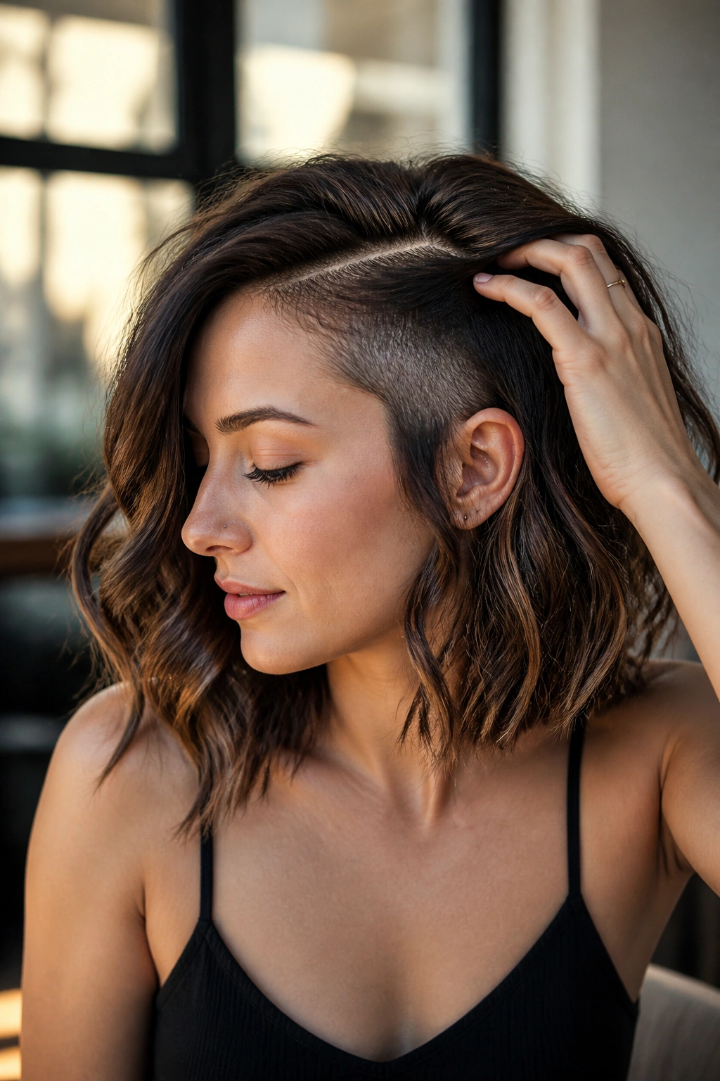 Portrait showing waves with hidden side shave tucked under hair