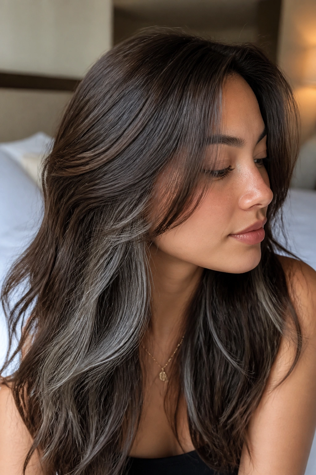 Brunette with hidden silver layers beneath brown top color visible during movement.