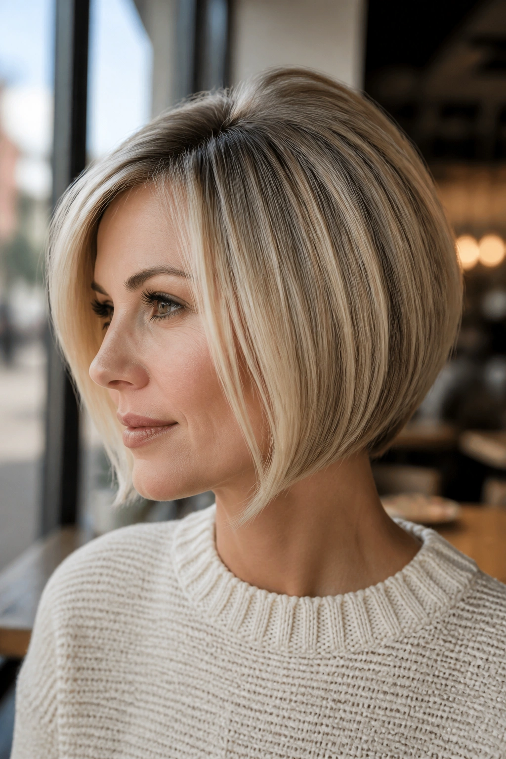 Close-up of a real woman with a hidden-stack blonde bob showing a smooth silhouette and subtle crown lift.