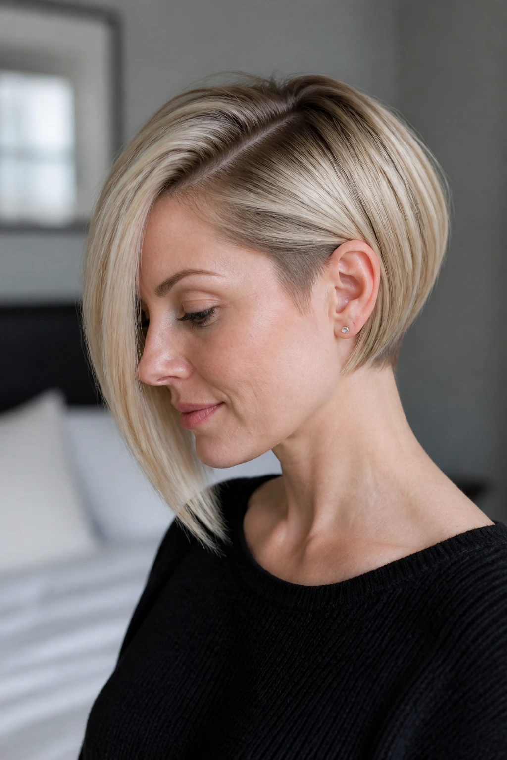 Portrait of a real woman with an asymmetrical bob and hidden undercut