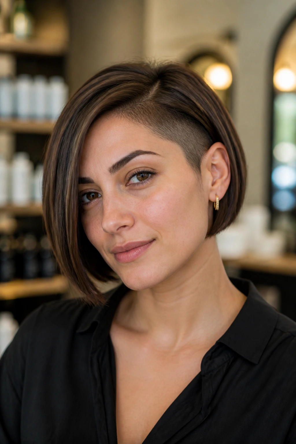 Real woman with hidden undercut bob in warm salon light