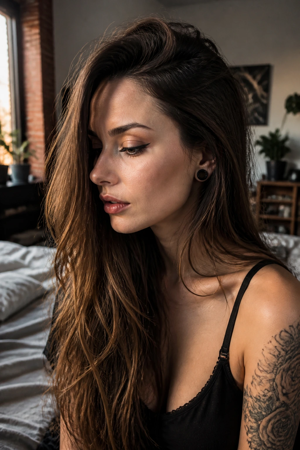 Close-up portrait of a real person with Hidden Undercut hairstyle, long hair covers shaved sides.