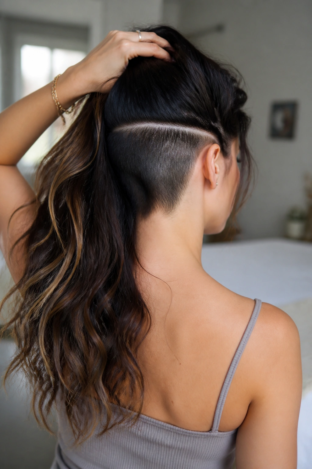 Back-three-quarter portrait showing hidden undercut beneath long layers