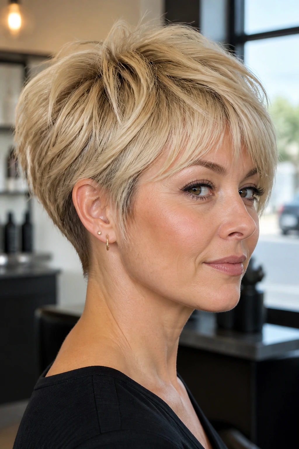 Hidden-Undercut Shag Crop close-up portrait of a real woman with short blonde shag and hidden nape undercut in a sunlit salon.