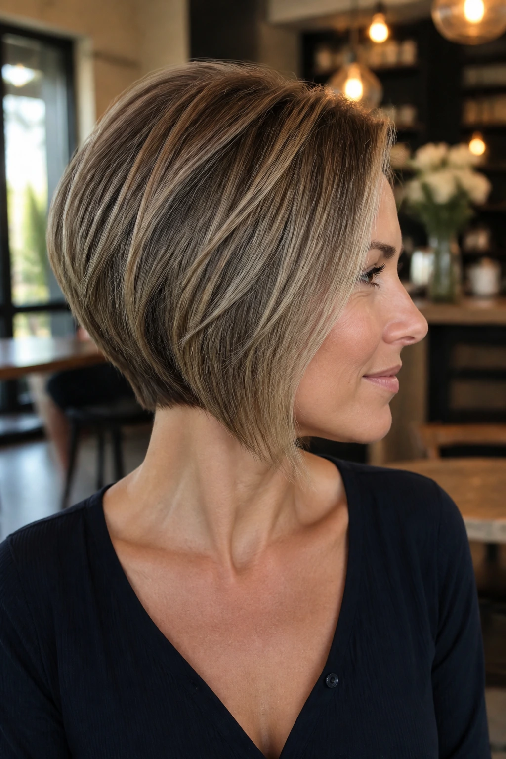 Close-up portrait showing a stacked bob with hidden undercut at the nape on a real woman.
