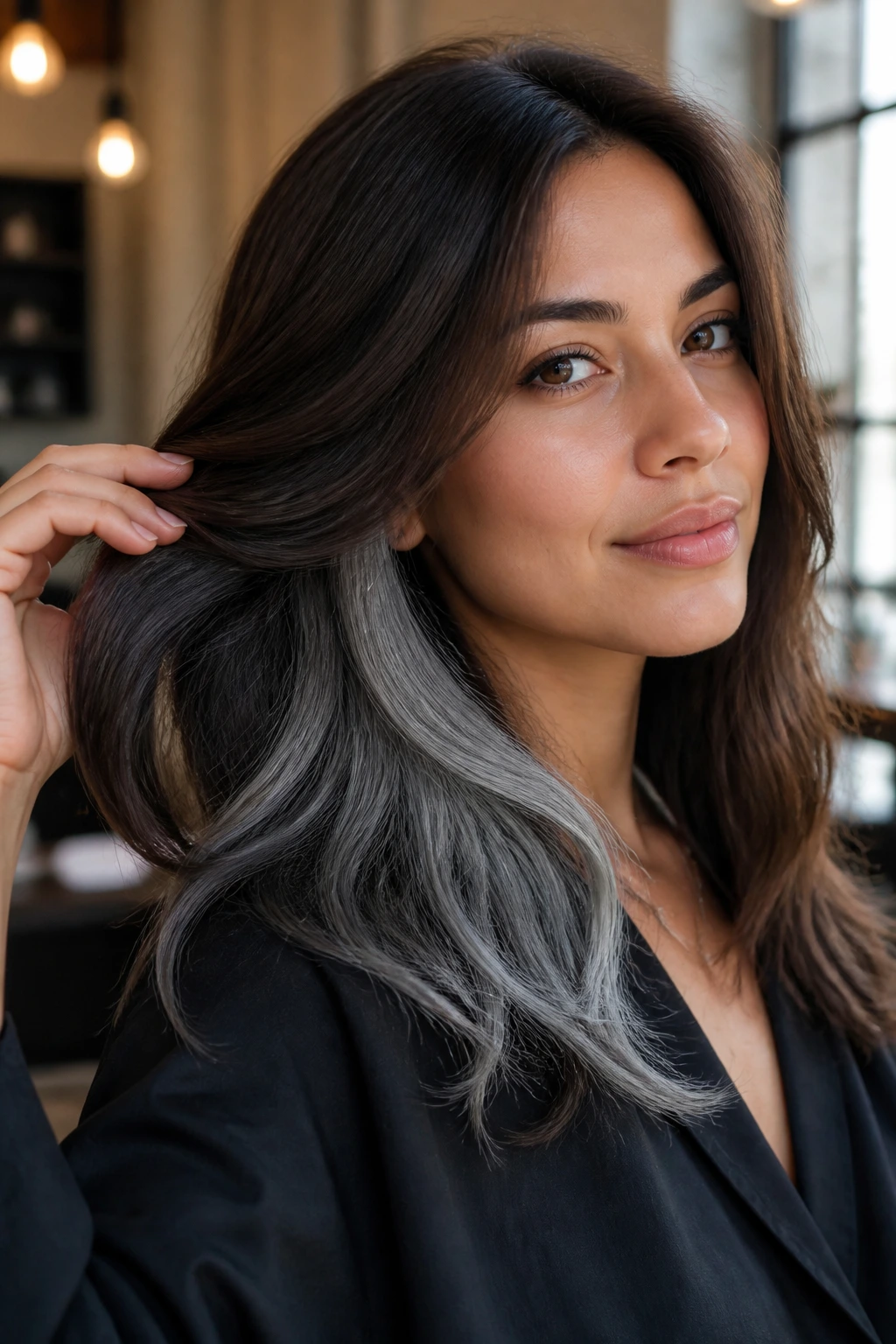 Close-up portrait of brunette hair with a hidden silver underlayer balayage