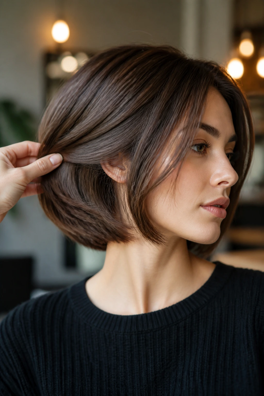 Close-up of real person with hidden underlayer in bob, outer line clean